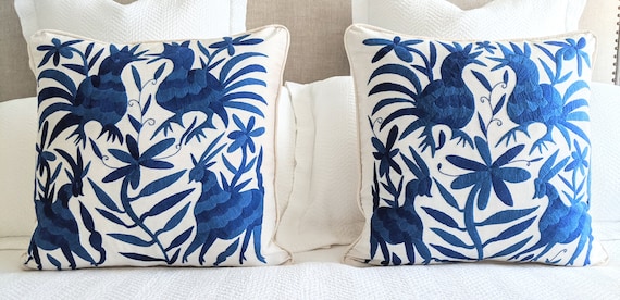 Made-to-Order: 2 Otomi Throw Pillow Covers Hand Embroidery Decorative Mexican Fabric in Sapphire and Royal Blue