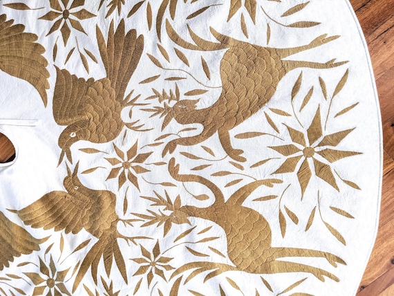 Made to Order. Otomí Christmas Tree Skirt Hand Embroidered Decorations Mexican Textile in Amber Gold Ocher