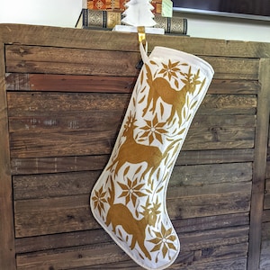 Made to Order. Otomi Christmas Stocking Hand Embroidered Decorative Mexican Textile in Gold Ocher