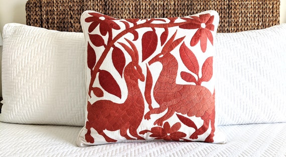 Made to Order. Otomi Throw Pillow Cover Hand Embroidered Mexican Fabric in Burnt Orange