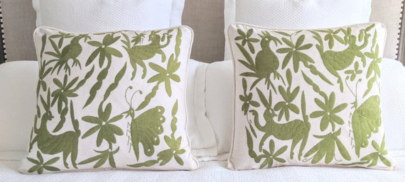 Made-to-Order / Custom Made: 2 Otomi Throw Pillow Covers Hand Embroidery Decorative Mexican Fabric in Green