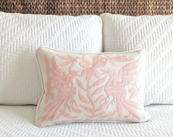 Made-to-Order / Custom Made: Otomi Throw Lumbar Pillow Cover Hand Embroidered Decorative Mexican Fabric in Pastel Pink Peach