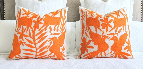 Made to Order. Two Otomi Throw Pillow Covers Hand Embroidered Mexican Fabric in Vibrant Orange