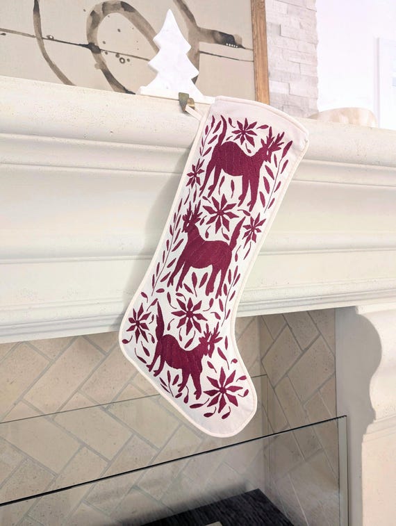 Otomi Christmas Stocking Hand Embroidered - Dark Red Mexican Textile