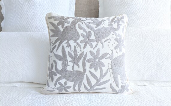 Made-to-Order / Custom Made: Otomi Hand Embroidery Throw Pillow Cover Decorative Mexican Fabric in Gray