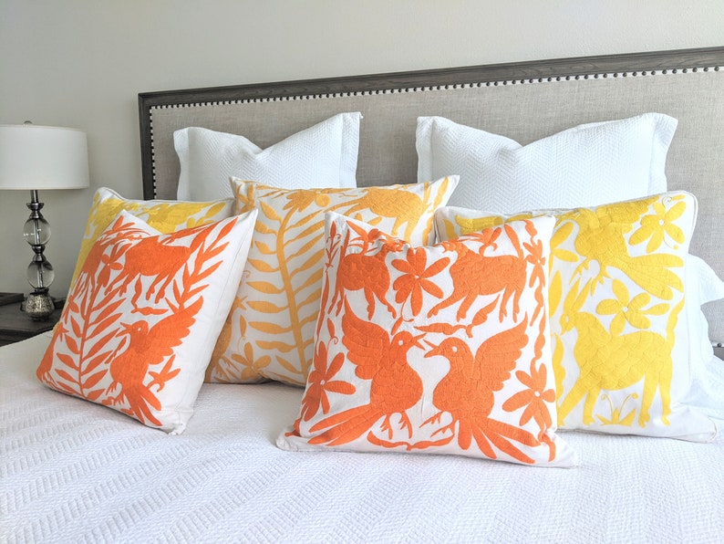 Made-to-Order / Custom Made: 2 Otomí Throw Pillow Covers Hand Embroidery Decorative Mexican Fabric in Vibrant Yellow image 8