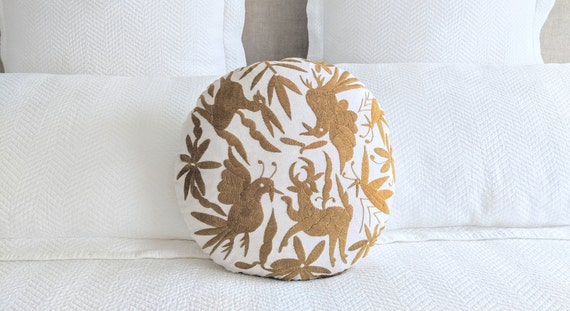 Made to Order. Otomi Round Throw Pillow Cover Hand Embroidered Mexican Textile in Gold Ocher Color