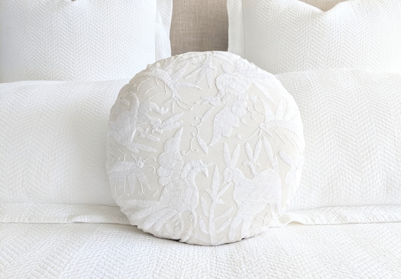 Made-to-Order / Custom Made: Otomi Round Throw Pillow Cover Hand Embroidery Decorative Mexican Fabric in Off White