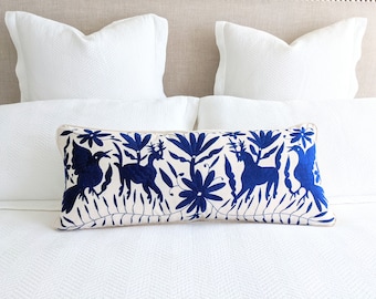 Made-to-Order / Custom Made: Otomí Lumbar Throw Pillow Cover Hand Embroidery Decorative Mexican Fabric in Royal Blue