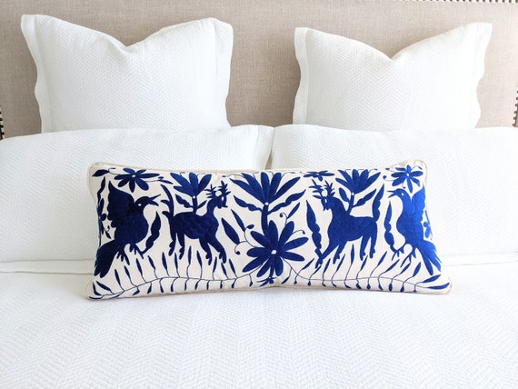Made-to-Order / Custom Made: Otomí Lumbar Throw Pillow Cover Hand Embroidery Decorative Mexican Fabric in Royal Blue