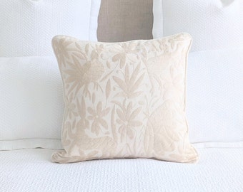 In Stock: Otomi Throw Pillow Cover Hand Embroidery Decorative Mexican Fabric in Ivory Light Beige