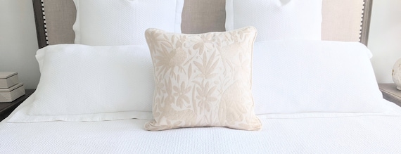 In Stock: Otomi Throw Pillow Cover Hand Embroidery Decorative Mexican Fabric in Ivory Light Beige
