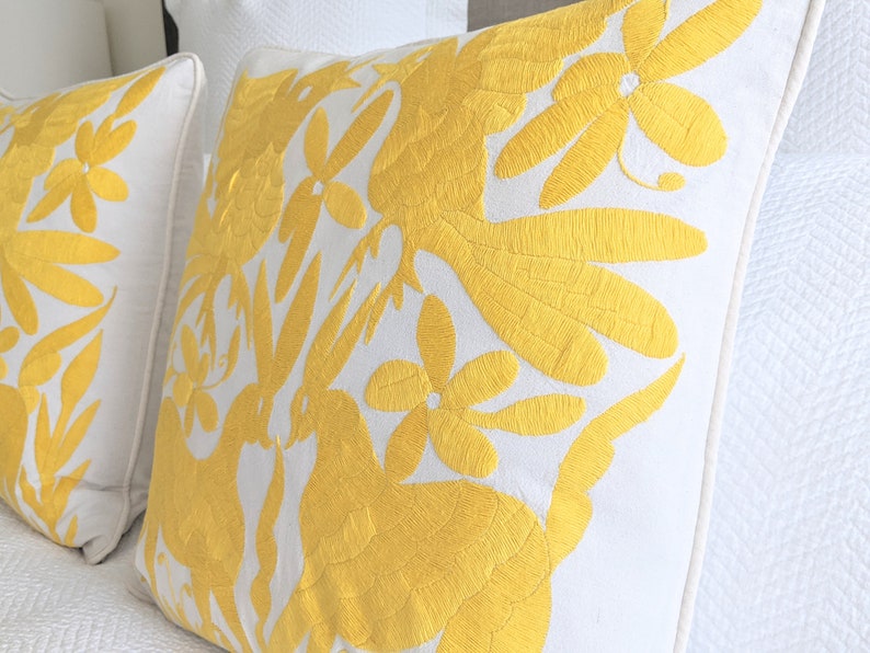 Made-to-Order / Custom Made: 2 Otomí Throw Pillow Covers Hand Embroidery Decorative Mexican Fabric in Vibrant Yellow image 5