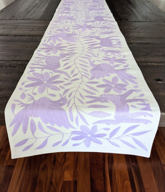 Made-to-Order / Custom Made: Otomí Table Runner Hand Embroidered Mexican Textile Fabric in Lavender Lilac