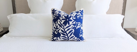 In Stock: Otomi Decorative Throw Pillow Cover Hand Embroidery Mexican Fabric in Royal Blue
