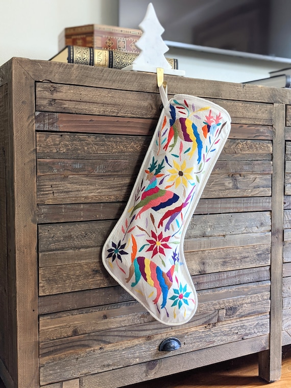 In Stock. Otomi Christmas Stocking Hand Embroidered Mexican Textile in Multicolor