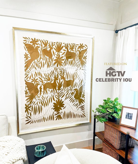 Made to Order. Unframed Otomi Wall Art Hand Embroidered Tapestry Mexican Textile in Gold Ocher.
