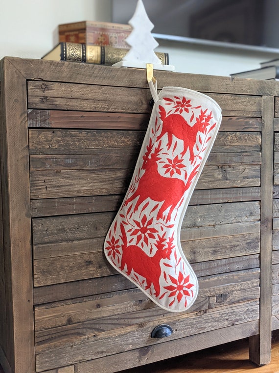 Made-to-Order / Custom Made: 1 Otomi Christmas Stocking Hand Embroidered Decorative Mexican Textile Fabric in Red