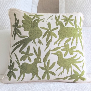 Made-to-Order / Custom Made: Otomi Throw Pillow Cover Hand Embroidery Decorative Mexican Fabric in Spinach Green