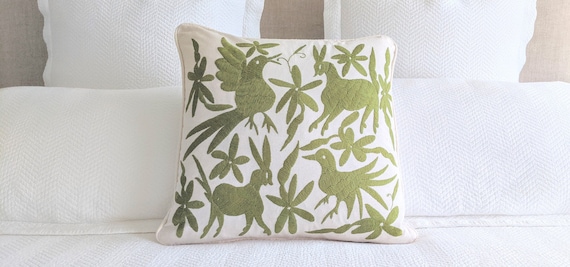 In Stock. Otomi Throw Pillow Cover Hand Embroidered Mexican Fabric in Spinach Green