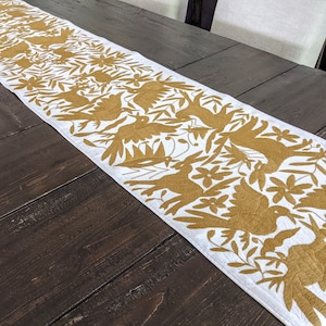 Made to Order. Otomí Table Runner Hand Embroidered Mexican Textile in Gold Ocher Amber
