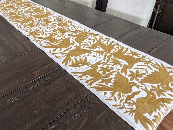 Made to Order. Otomí Table Runner Hand Embroidered Mexican Textile in Gold Ocher Amber
