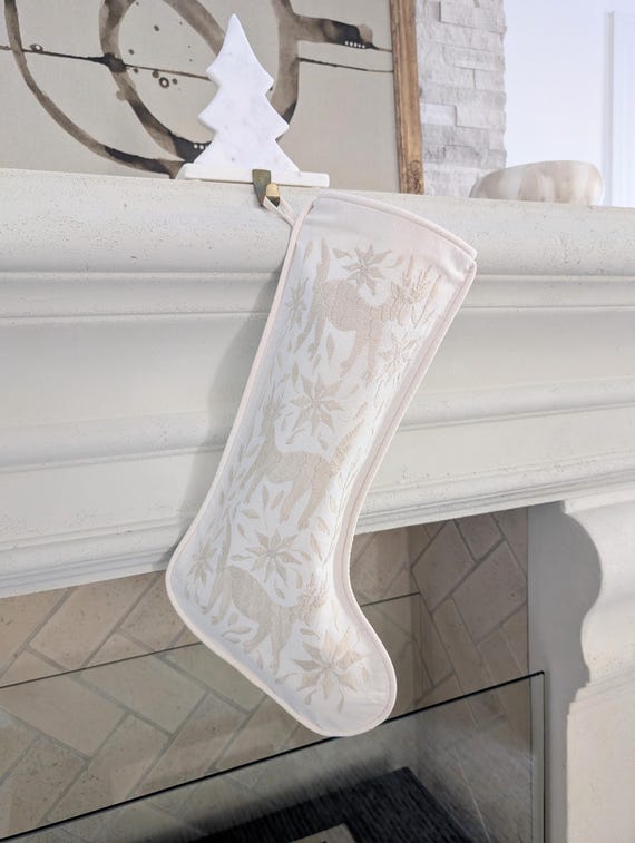 Otomi Christmas Stocking Hand Embroidered - Ivory Mexican Textile