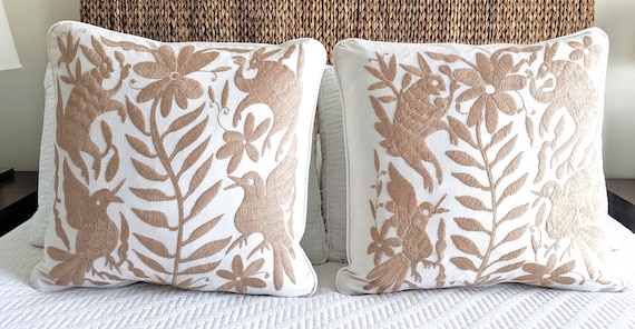 Made-to-Order / Custom Made: 2 Otomi Throw Pillow Covers Hand Embroidery Decorative Mexican Fabric in Camel Color