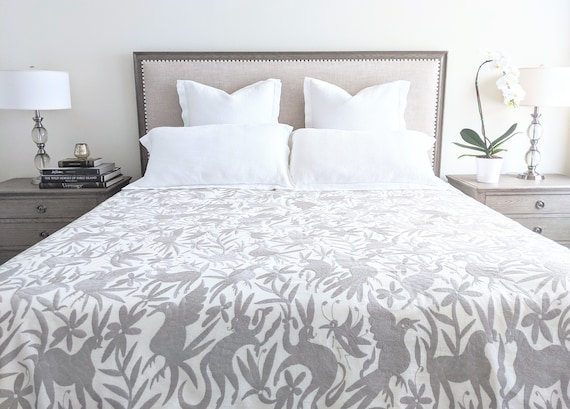 In Stock: Otomi Hand Embroidered Throw Quilt Blanket Decorative Mexican Textile Cotton Fabric Bedding in Gray 112 x 75
