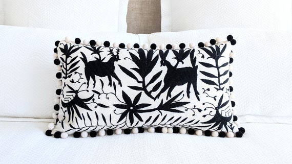 Made-to-Order / Custom Made: 1 Otomi Throw Pillow Cover Hand Embroidery Pom Pom Decorative Mexican Fabric in Black