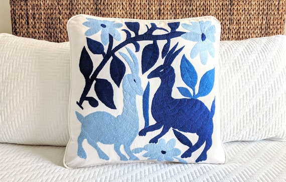 Made-to-Order / Custom Made: Otomi Throw Pillow Cover Hand Embroidery Decorative Mexican Fabric in Blue Shades