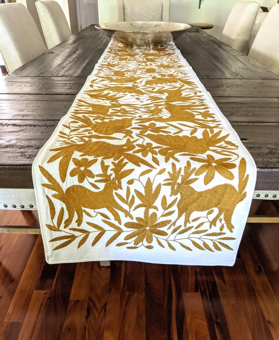 Custom Otomi Table Runner Hand Embroidered - Amber Gold Mexican Textile