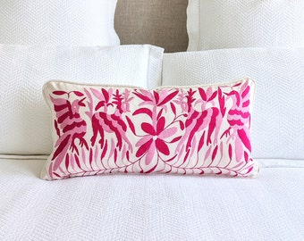 Made-to-Order / Custom Made: Otomí Lumbar Throw Pillow Cover Hand Embroidery Decorative Mexican Fabric in Pink & Fuschia