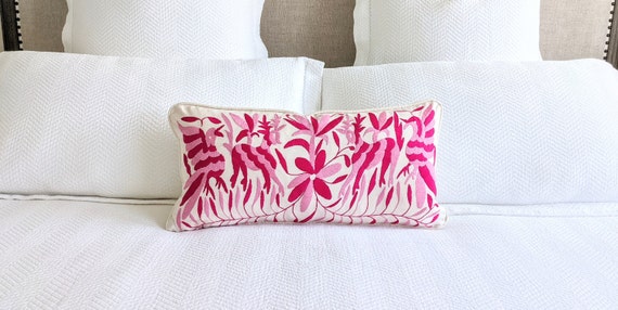 Made-to-Order / Custom Made: Otomí Lumbar Throw Pillow Cover Hand Embroidery Decorative Mexican Fabric in Pink & Fuschia