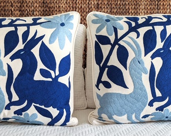 Two Custom Otomi Pillow Covers Hand Embroidered - Sapphire Royal Pastel Blue Textile