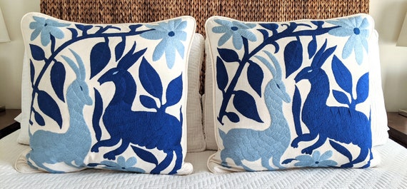 Made-to-Order / Custom Made: 2 Otomí Throw Pillow Covers Hand Embroidery Decorative Mexican Fabric in Blue Shades
