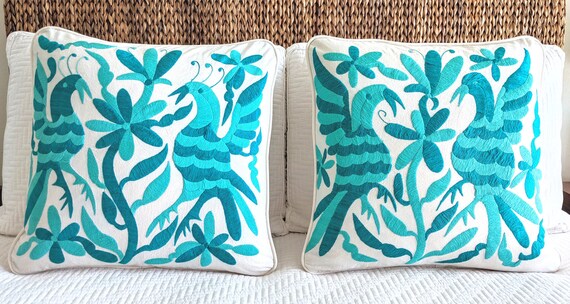 Made to Order. Two Otomi Throw Pillow Covers Hand Embroidered Mexican Fabric in Turquoise and Lapis Green.