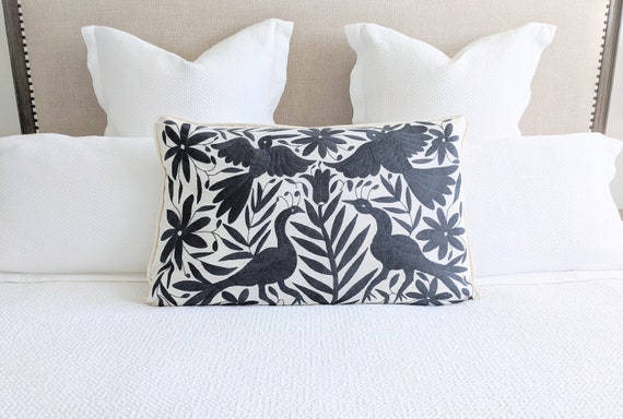 In Stock: Otomí Sham Pillow Cover Hand Embroidered Mexican Fabric in Dark Gray