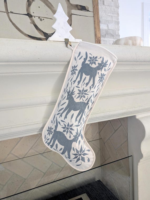 Otomi Christmas Stocking Hand Embroidered - Blue Gray Mexican Textile