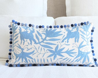 Made-to-Order / Custom Made: 1 Otomi Throw Pillow Cover Hand Embroidery Pom Pom Decorative Mexican Fabric in Pastel Blue