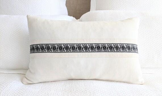 In Stock: Otomí Lumbar Throw Pillow Cover Hand Embroidered Stripe Luxury Wool Decorative in Black and Natural Color 14x22