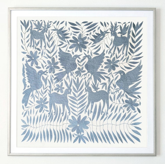 Made to Order. Unframed Otomi Wall Art Hand Embroidered Tapestry Mexican Textile in Blue Gray Slate
