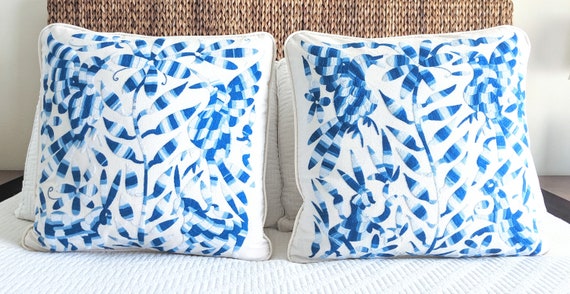 Made-to-Order / Custom Made: 2 Otomi Throw Pillow Covers Hand Embroidery Decorative Mexican Fabric in Blue Hues