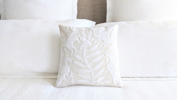 Made-to-Order / Custom Made: 1 Otomi Throw Pillow Cover Hand Embroidery Decorative Mexican Fabric in White