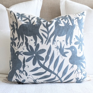 Made to Order. Otomí Hand Embroidery Throw Pillow Cover Decorative Mexican Textile Blue Gray Slate