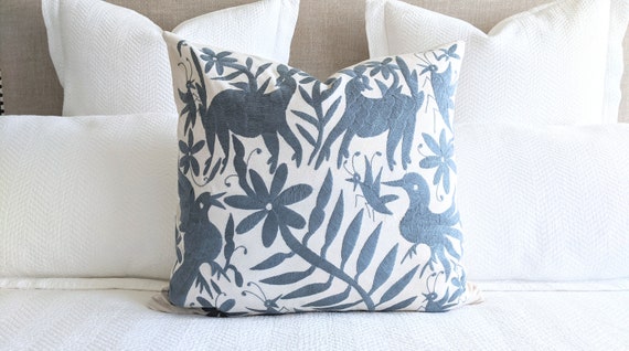 Made to Order. Otomí Hand Embroidery Throw Pillow Cover Decorative Mexican Textile Blue Gray Slate