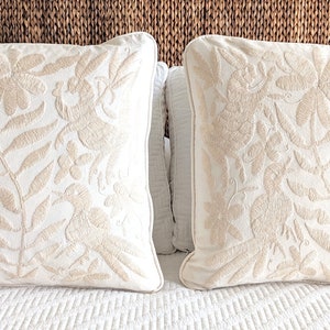 Made to Order. Two Otomi Throw Pillow Covers Hand Embroidered Mexican Fabric in Ivory Light Beige
