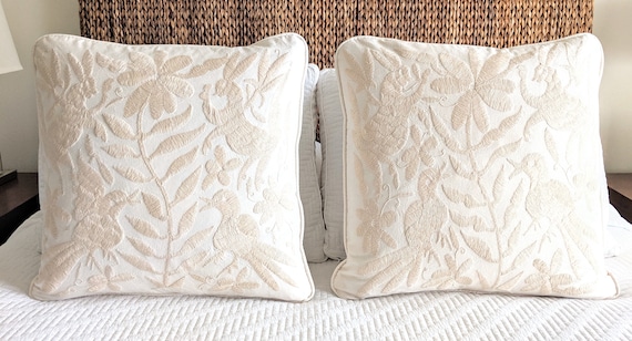 Made to Order. Two Otomi Throw Pillow Covers Hand Embroidered Mexican Fabric in Ivory Light Beige