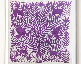 In Stock: Unframed Otomi Wall Art Decor Tree of Life Hand Embroidered Mexican Textile in Grape Purple