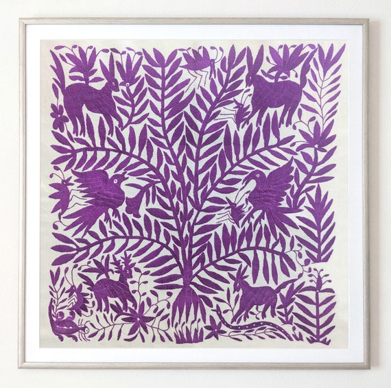 In Stock. Unframed Otomi Tree of Life Wall Art Hand Embroidered Tapestry Mexican Textile in Grape Purple.